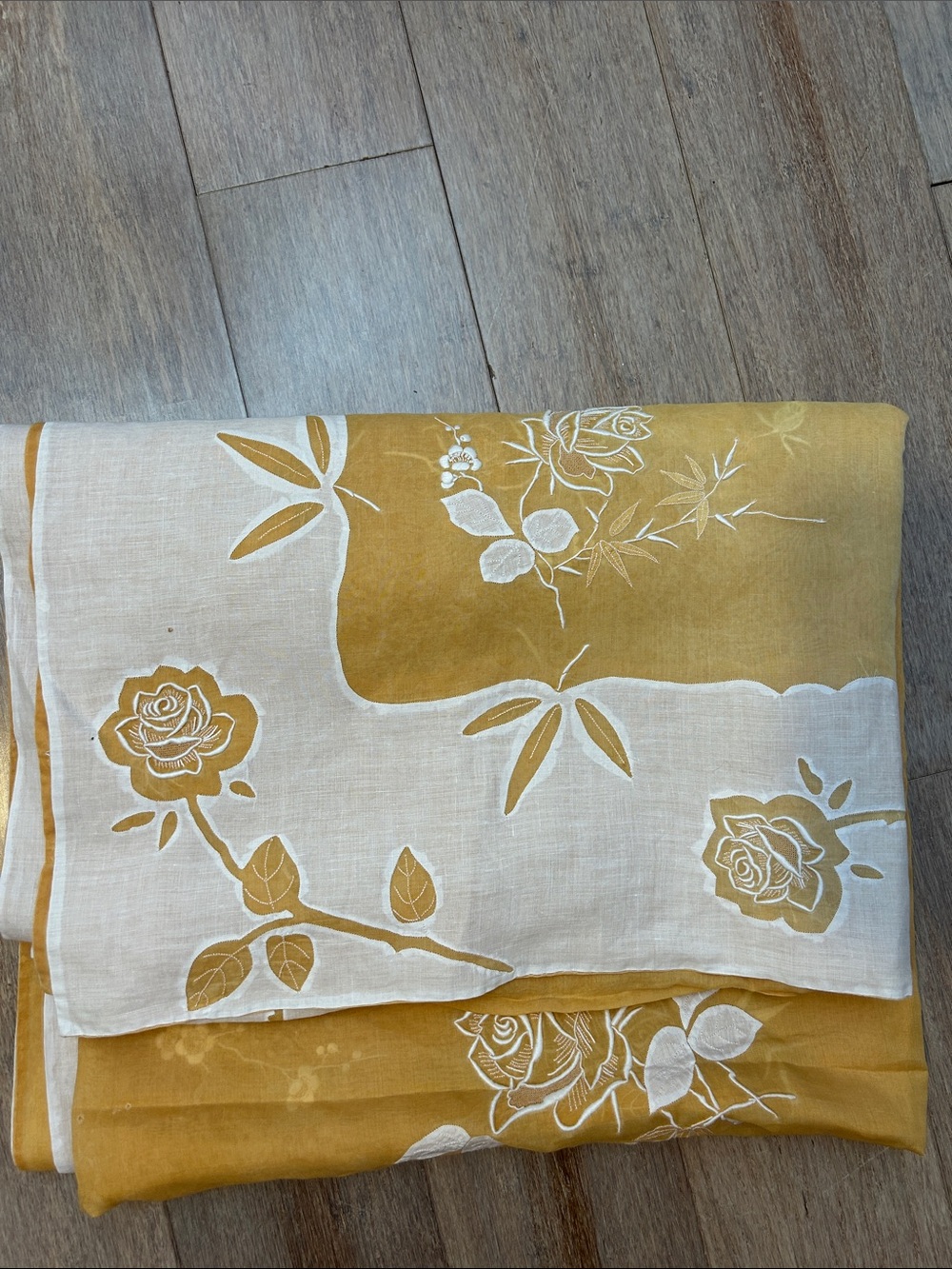 Mustard Yellow semi- sheer tablecloth with white border and embroidery